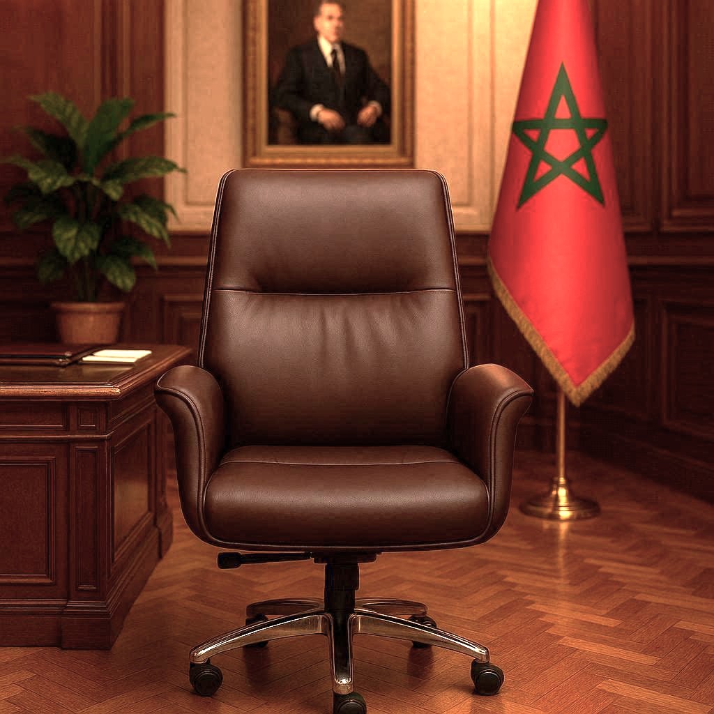 Fauteuil présidentiel en cuir marron CHAISE /F45P avec drapeau marocain et portrait. -KIOMA Meuble Premium Maroc Fauteuil présidentiel en cuir marron CHAISE /F45P avec drapeau marocain et portrait. -KIOMA Meuble Premium Maroc